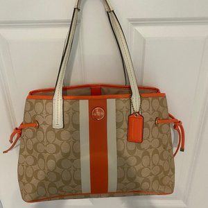 Coach Khaki & white with orange signature stripe Tote